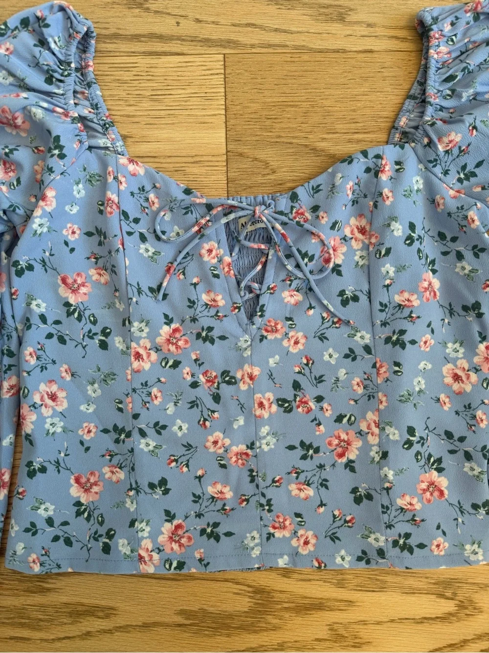 Abercrombie & Fitch Puff Sleeve Lace-Up Sweetheart Blouse in Light Blue Floral